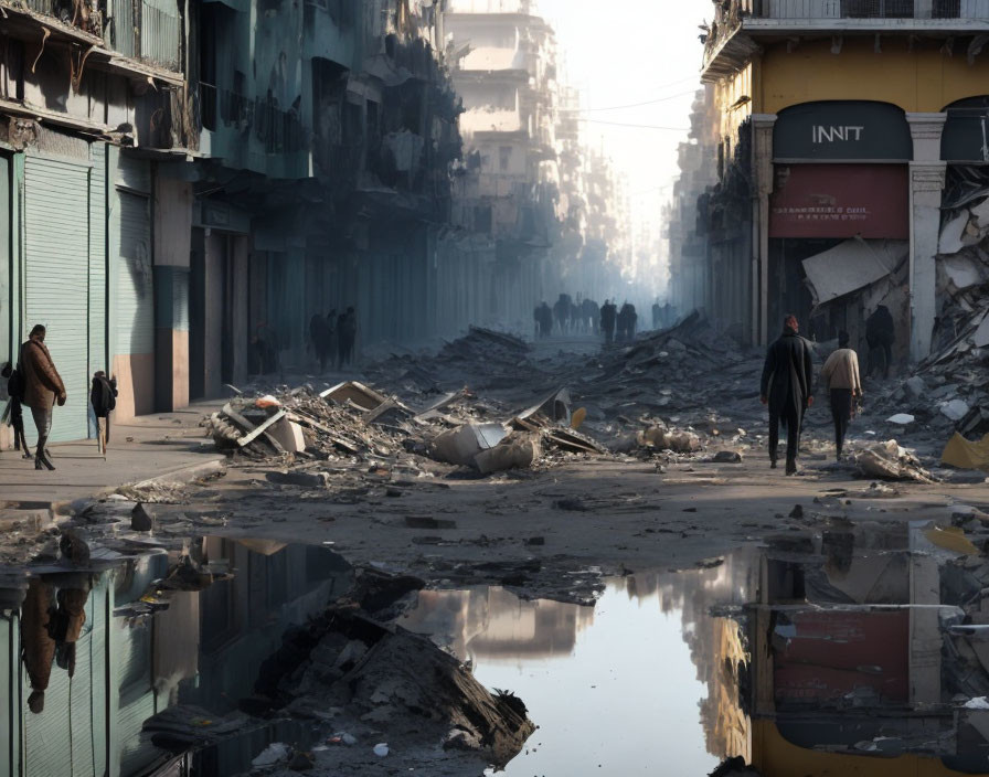 Desolate urban street with damaged buildings and people walking.