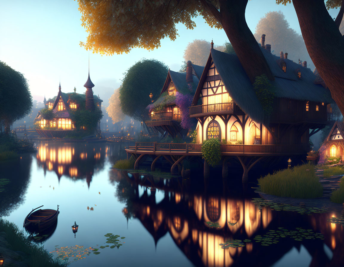 Enchanting fantasy village scene with Tudor-style houses, autumn trees, and bridge at dusk