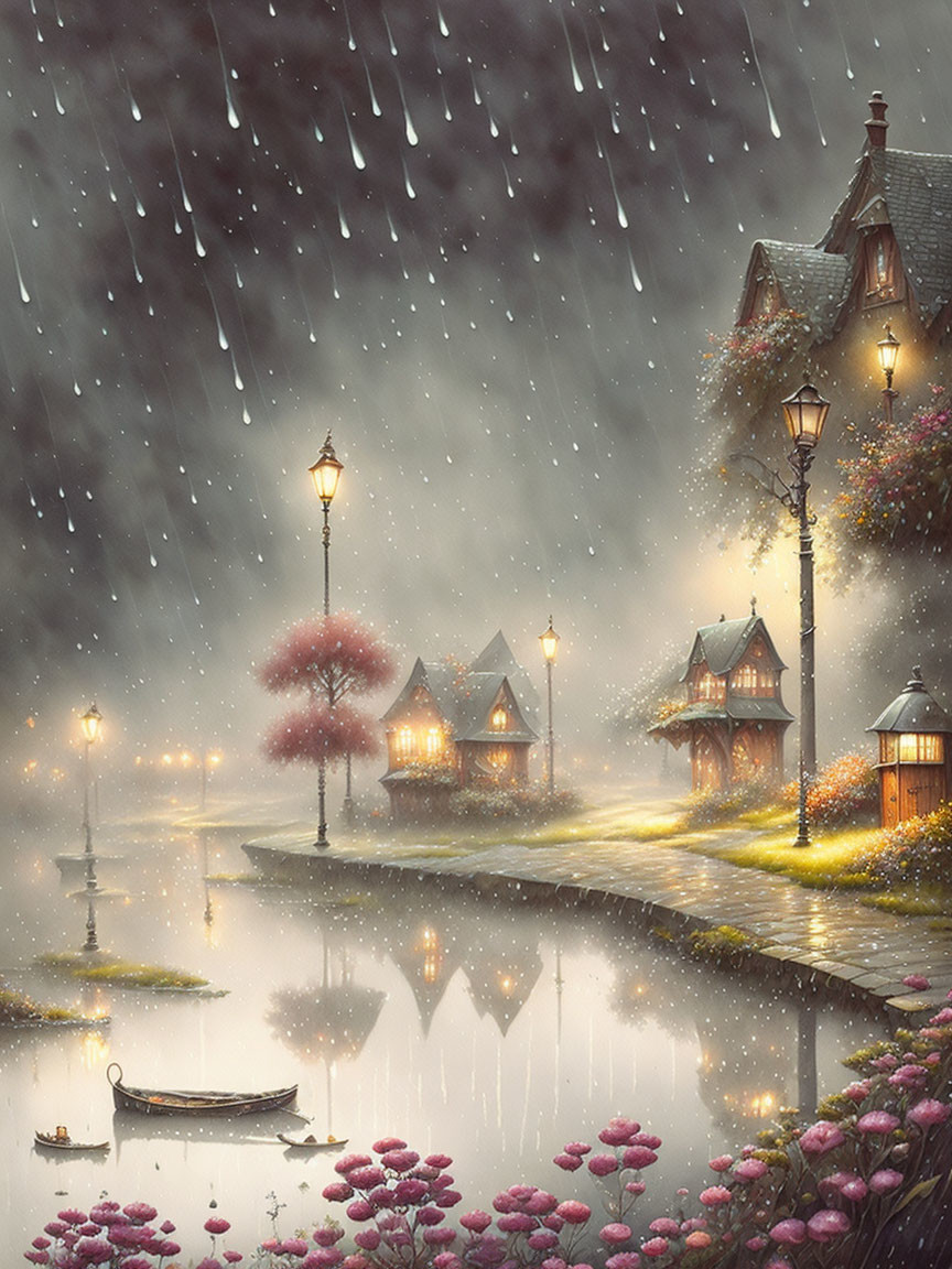 Quaint village street in rain shower with lamp posts, houses, boat, and blooming flowers