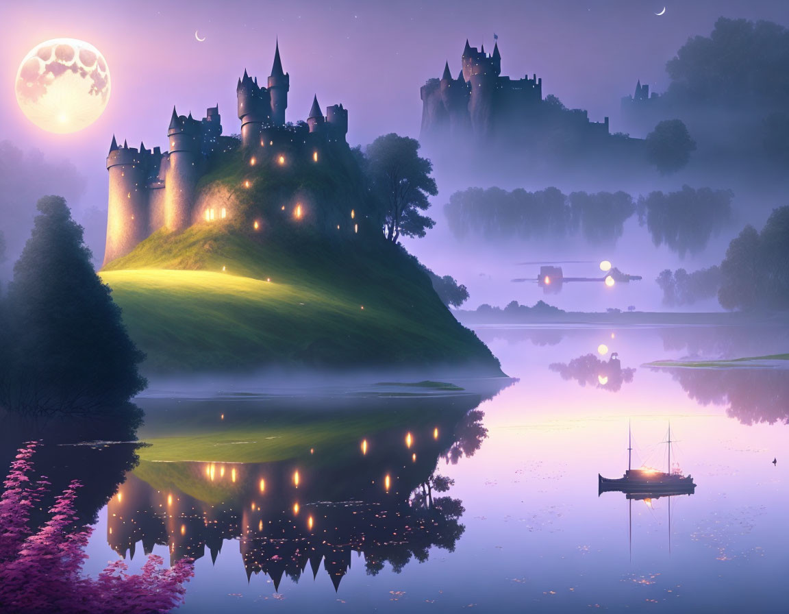 Moonlit surreal landscape with castle, water reflection, boat, and blooming trees