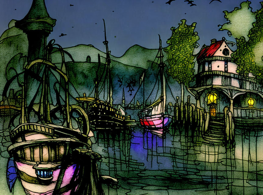 Illustrated Nocturnal Harbor Scene with Sailboats, Stilt House, and Whimsical Tower