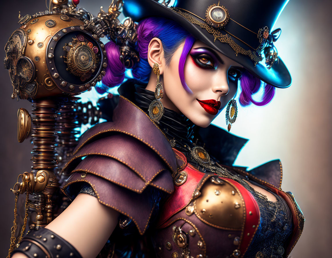 Stylized female character with purple hair in steampunk outfit