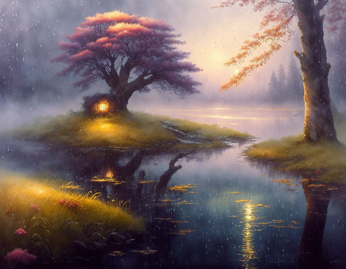 Tranquil lake scene with glowing cabin and pink blossoming tree