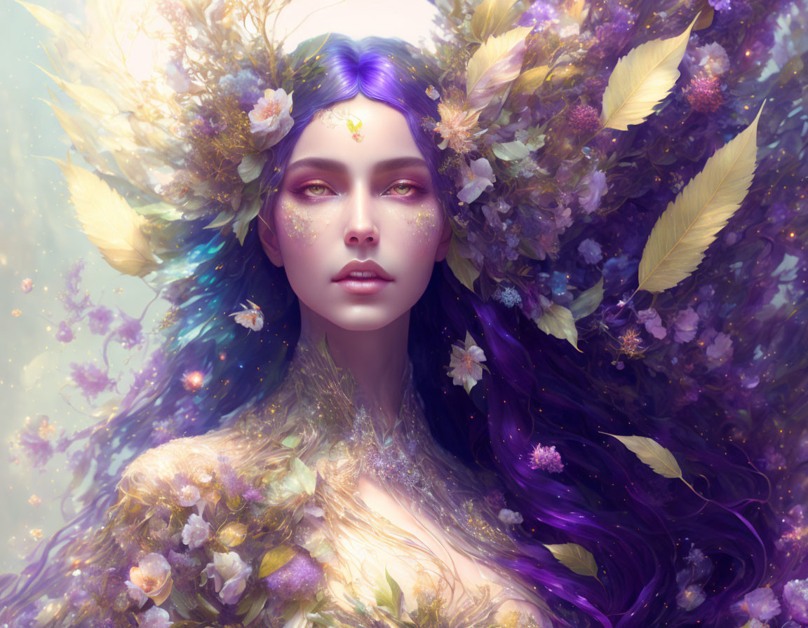 Fantasy portrait of woman with purple hair and floral crown in soft glow.