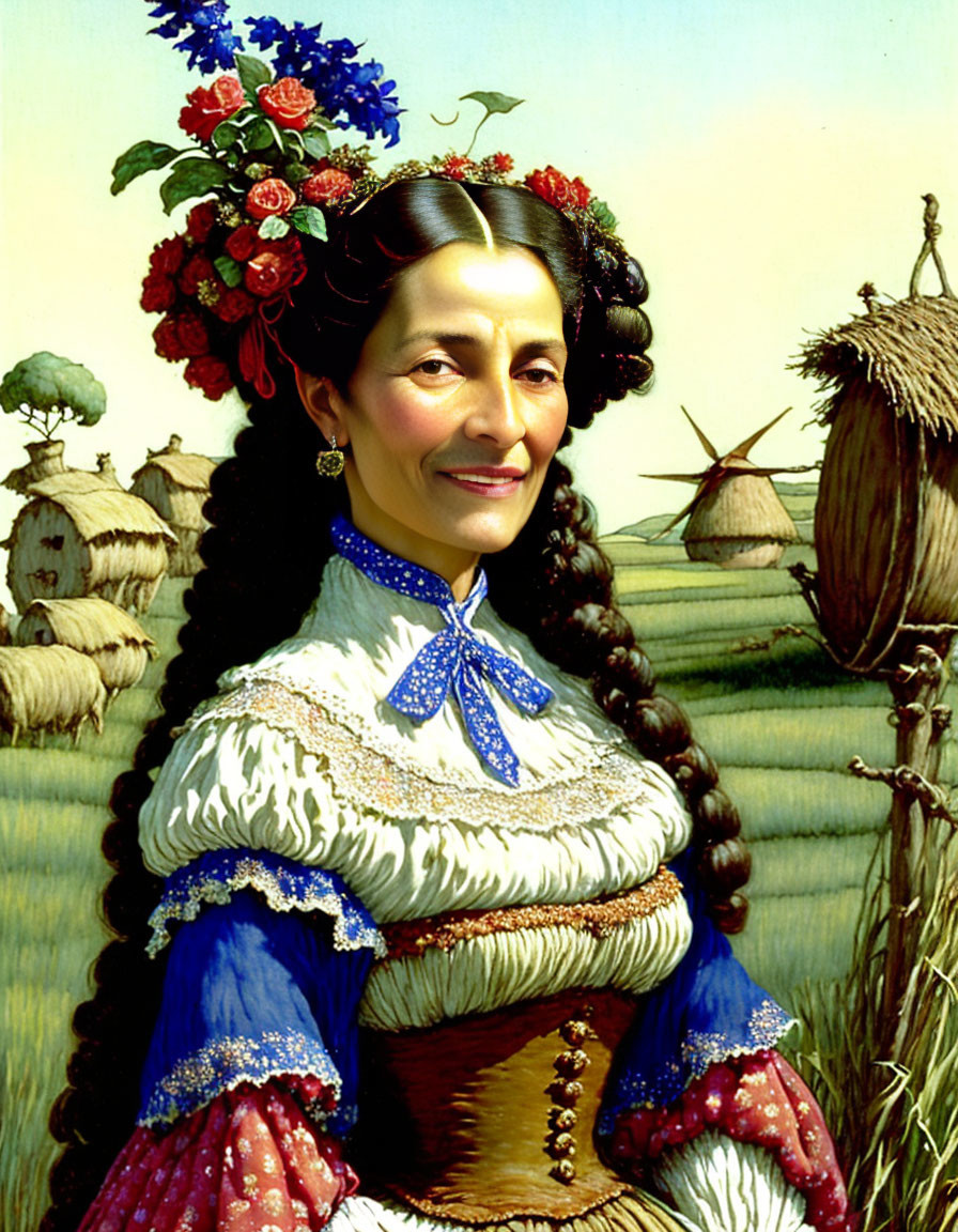 Woman in blue and white folk dress with floral headpiece, smiling in front of thatched huts