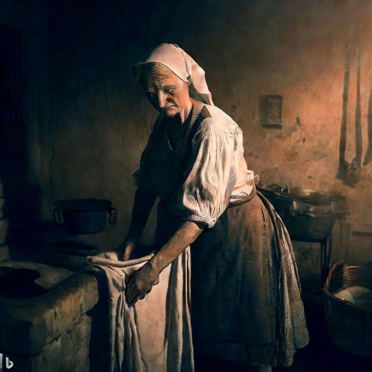 Elderly woman in period attire wringing cloth in rustic room