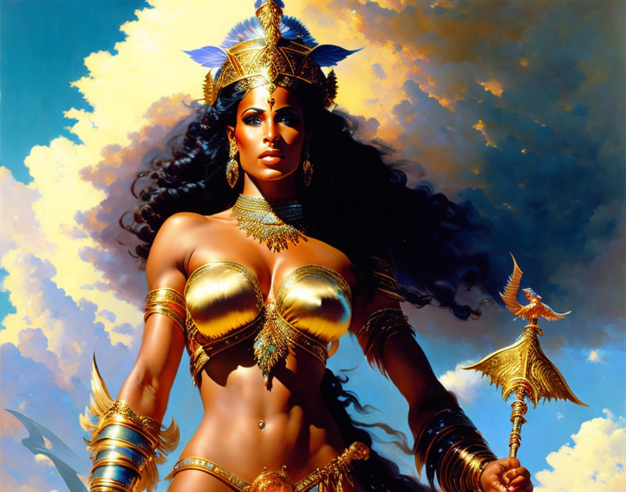 Warrior woman in golden armor with spear under blue sky