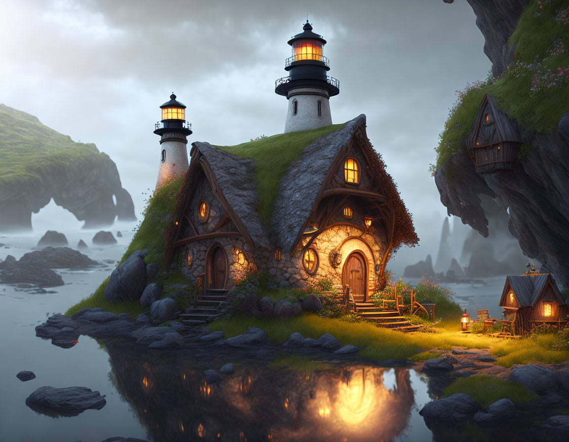 Thatched-Roof Cottage and Lighthouses in Serene Fantasy Scene