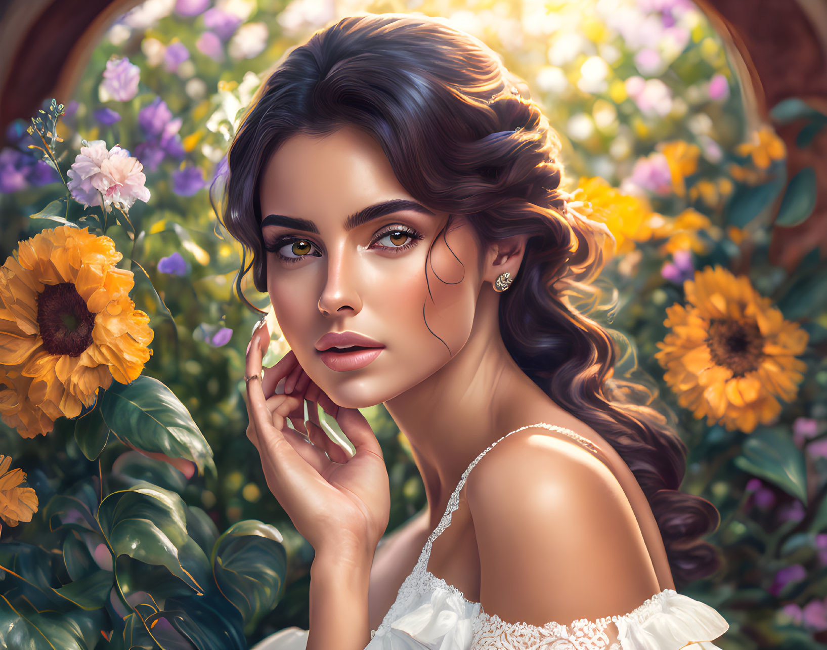 Digital portrait of woman with wavy hair and vibrant flowers, showcasing striking eyes.