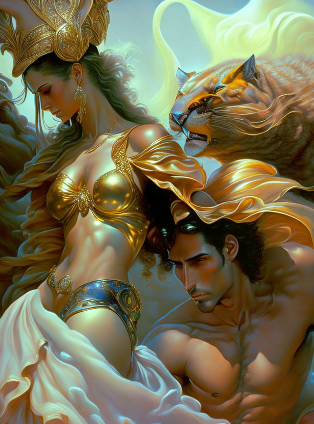 Regal woman in golden armor with man and spectral tiger in fantastical painting