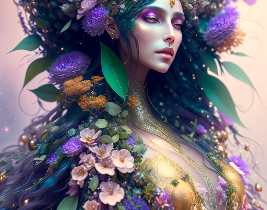 Fantastical Female Portrait with Floral Decorations in Purple, Green, and Gold