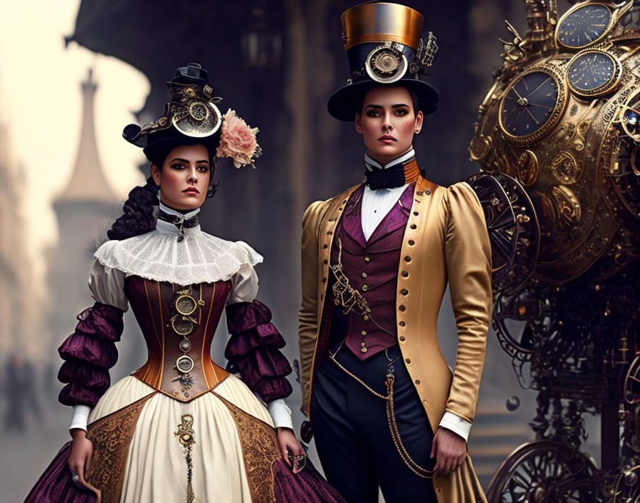 Steampunk-themed individuals with intricate mechanical contraption.