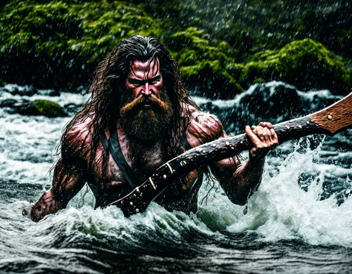 Muscular bearded man wades with oar in rough water amidst lush greenery