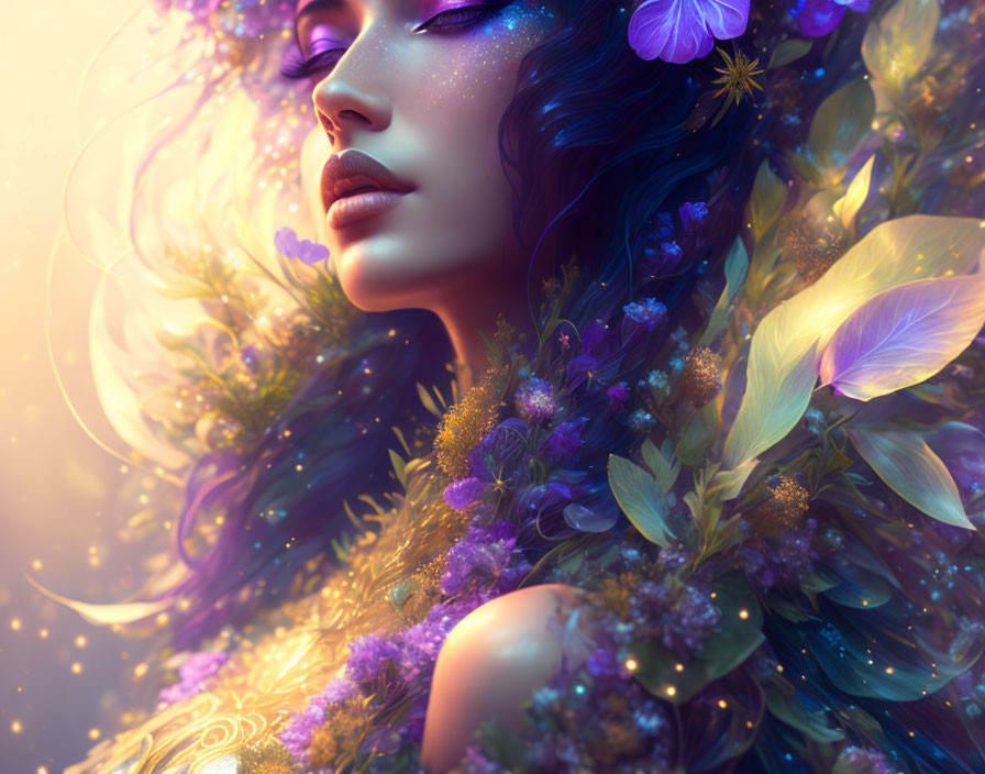 Dark-haired woman with vibrant floral and sparkly adornments in fantasy style