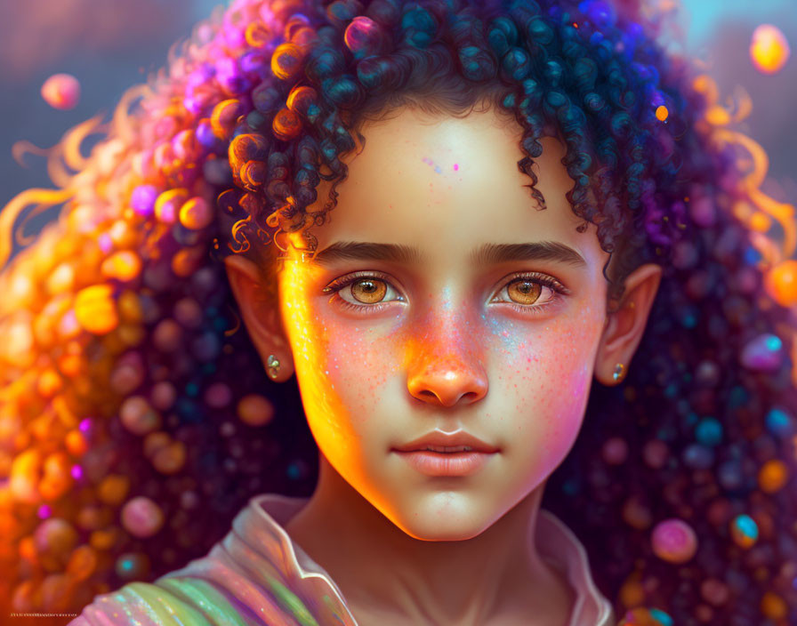 Vibrant digitally created portrait of a girl with curly hair and colorful freckles