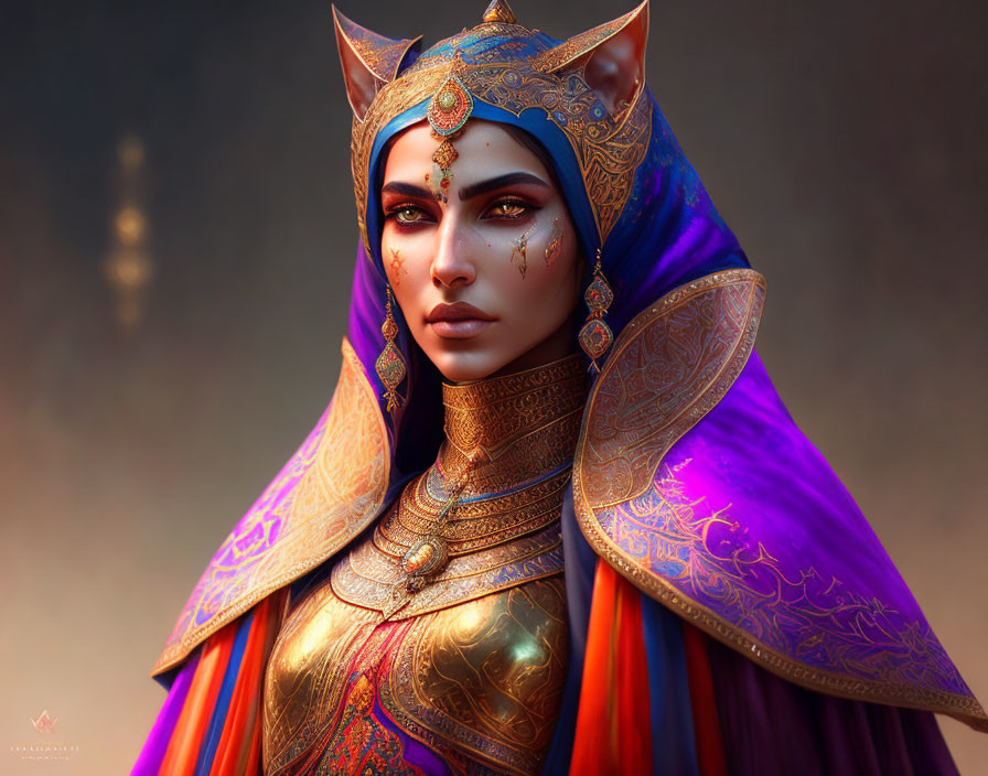 Digital artwork: Female character with feline features, golden headgear, jewelry, and purple cloak.