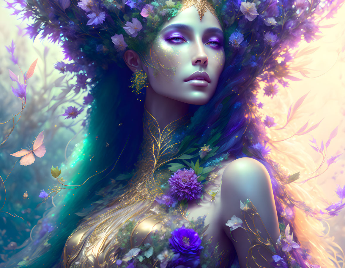 Ethereal woman with vibrant flowers and gold skin in magical butterfly setting