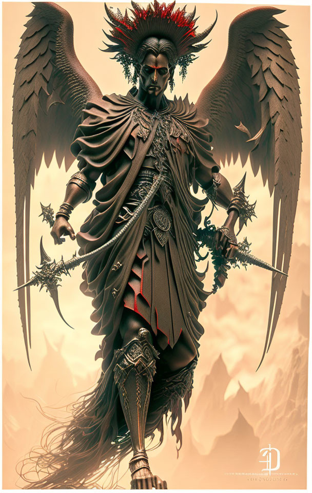 Dark angel warrior in intricate armor with sword and mace