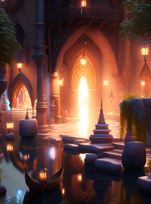 Fantasy palace evening view with lanterns, archways, waterway, and boat