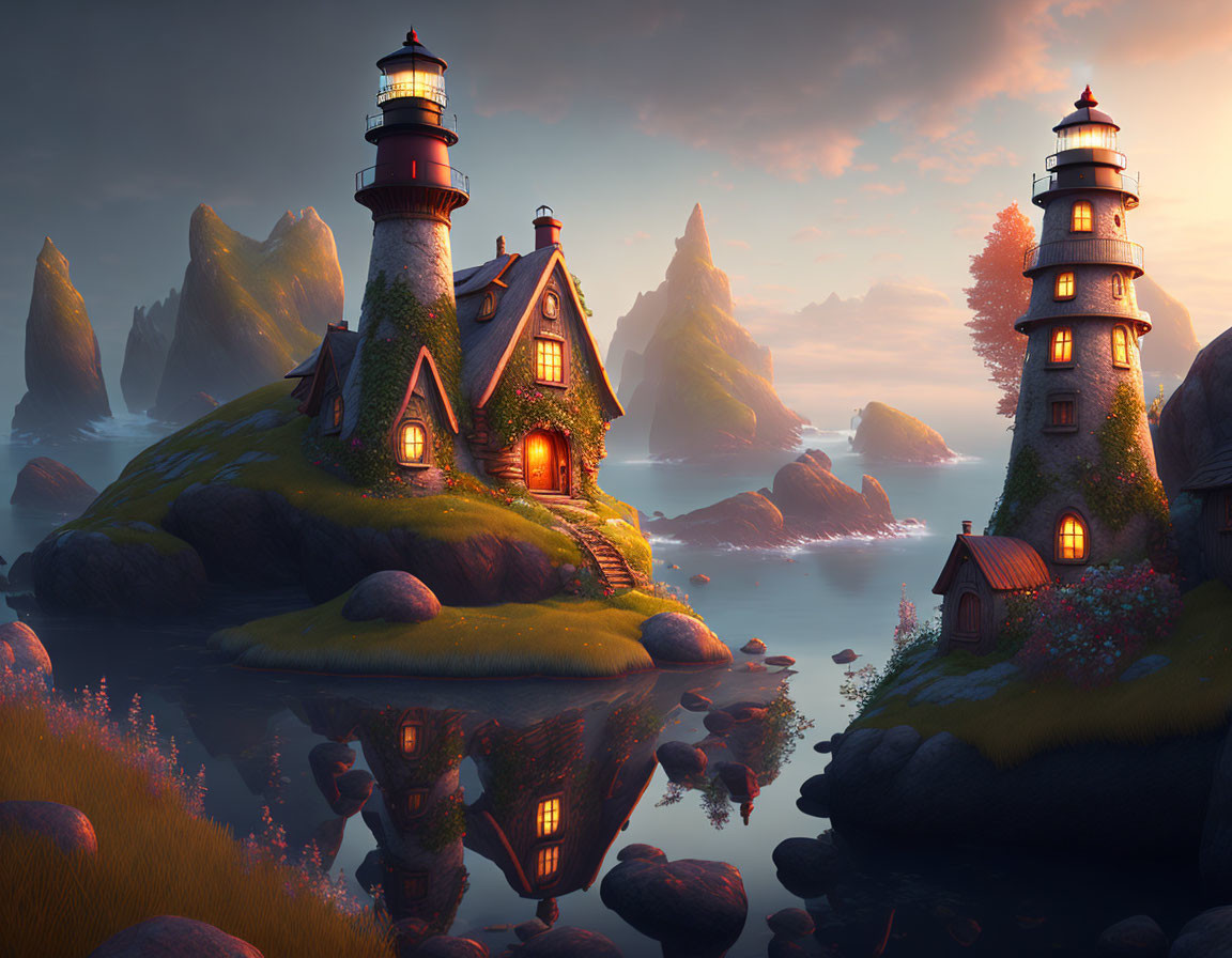 Scenic digital artwork: cozy cottage and lighthouse by serene lake