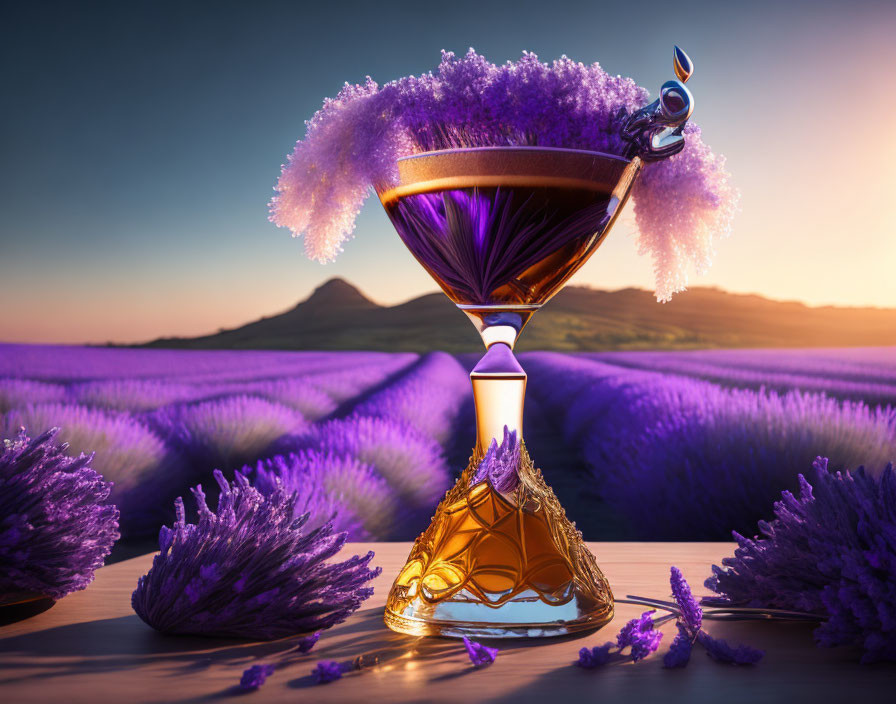 Purple liquid in ornate glass amidst lavender fields at sunset.