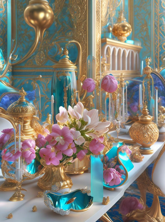 Opulent golden and blue decor with pink flowers and intricate vases