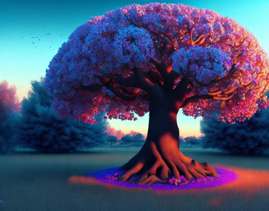 Fantastical tree with pink and purple foliage under evening sky