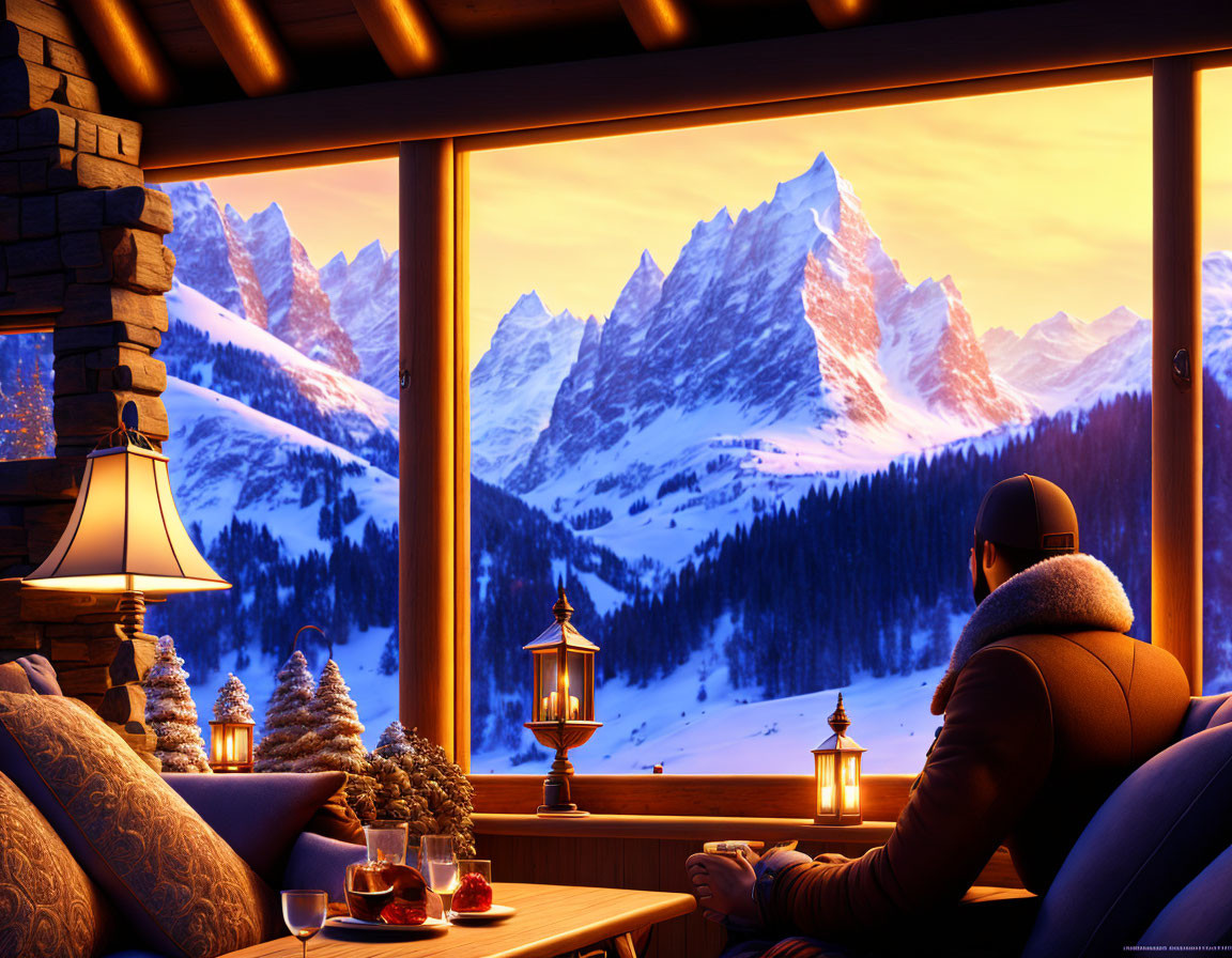 Cozy interior with snowy mountain view at sunset