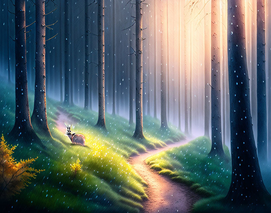 Enchanting forest path with lone deer and mystical light.