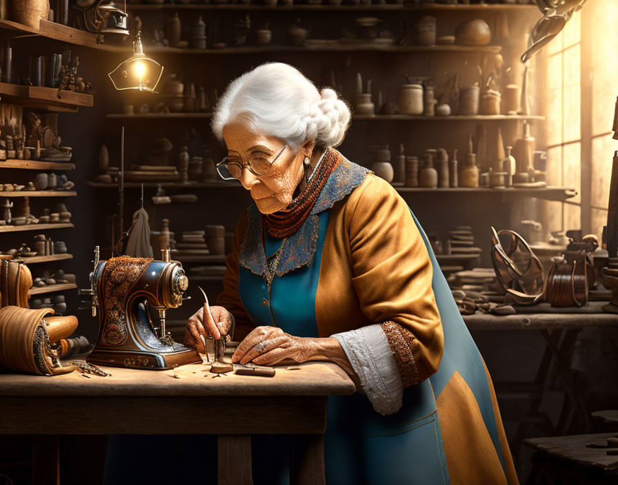 Elderly woman sewing with old-fashioned machine in rustic workshop