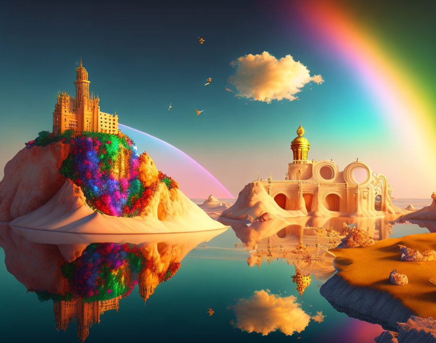 Vibrant fantasy landscape with floating islands, colorful flora, architecture, rainbow, and birds.