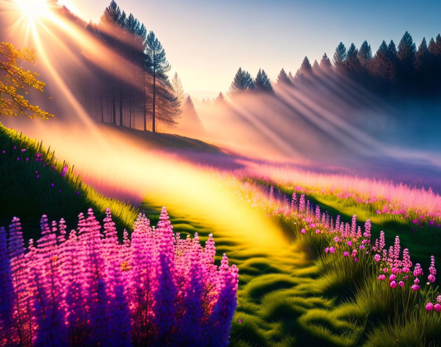 Vibrant meadow with purple flowers and morning mist in sunlight