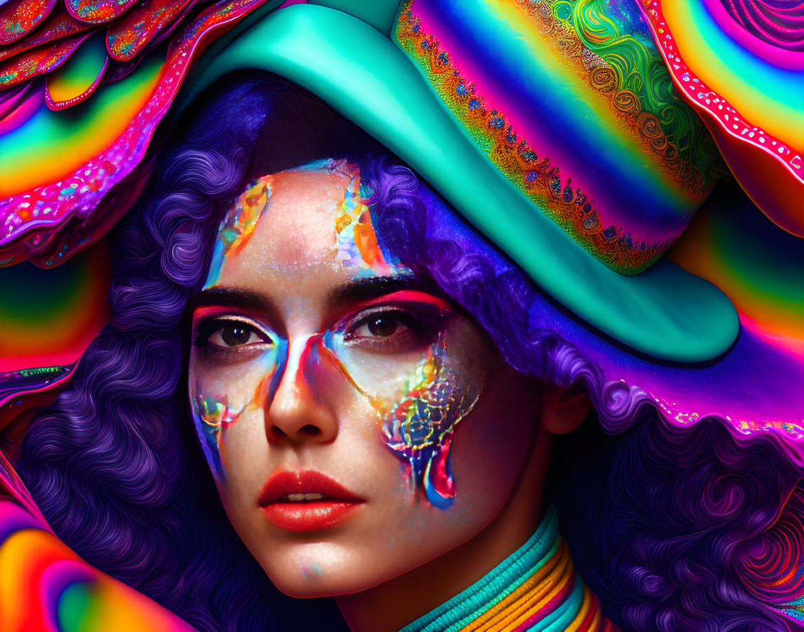 Colorful portrait of a woman with psychedelic patterns and curly hair on swirling backdrop