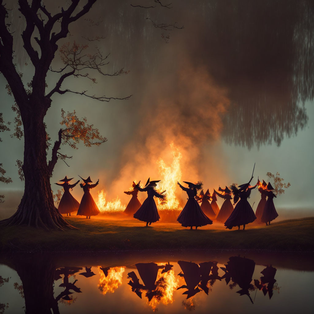 Individuals in robes dancing around bonfire at twilight near tranquil pond