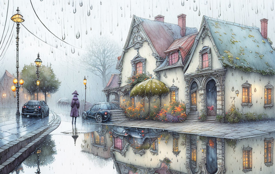 Person with umbrella on rain-soaked street with quaint houses, glowing lamps, parked cars & puddle