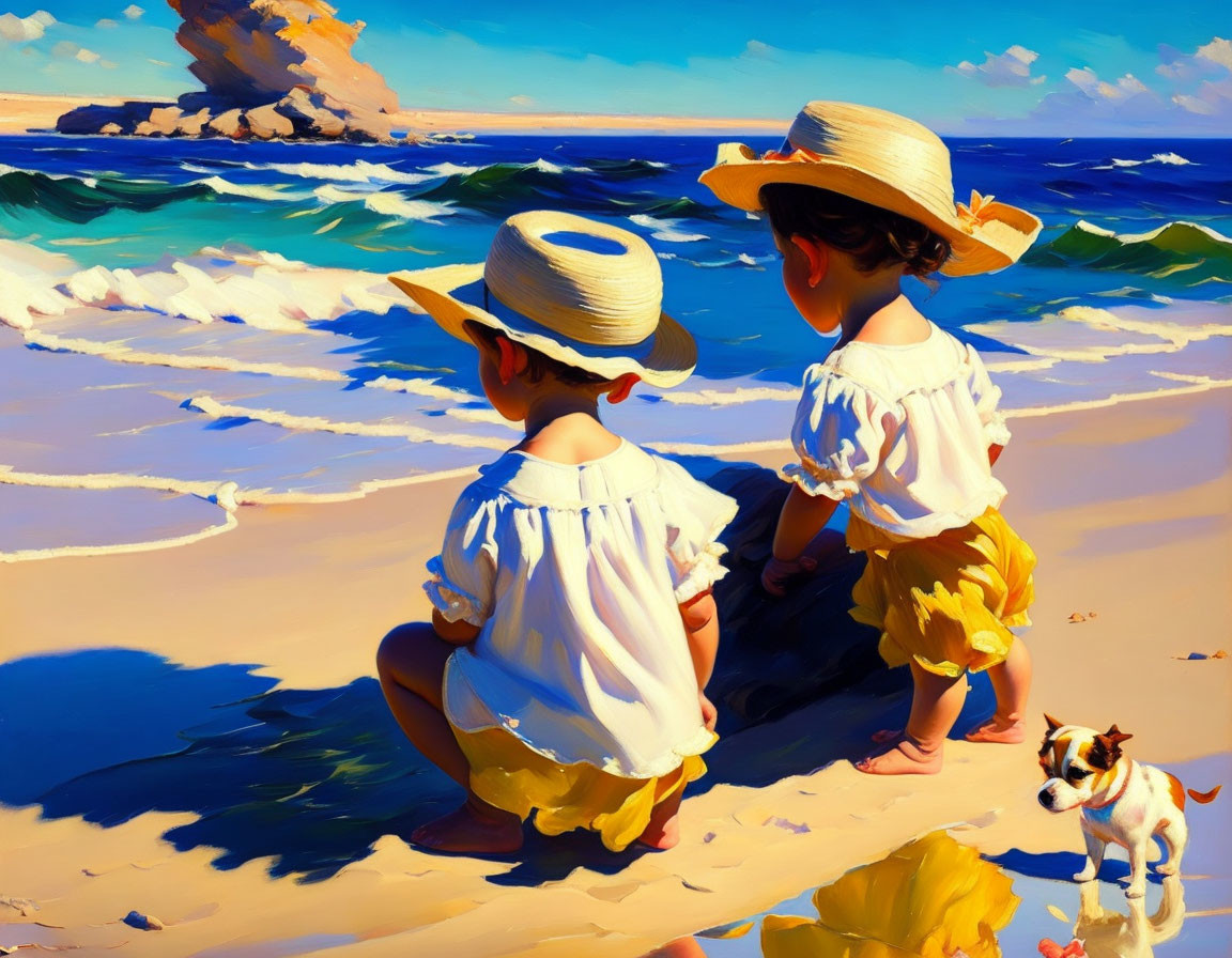 Children in straw hats and yellow shorts with a dog on sunny beach