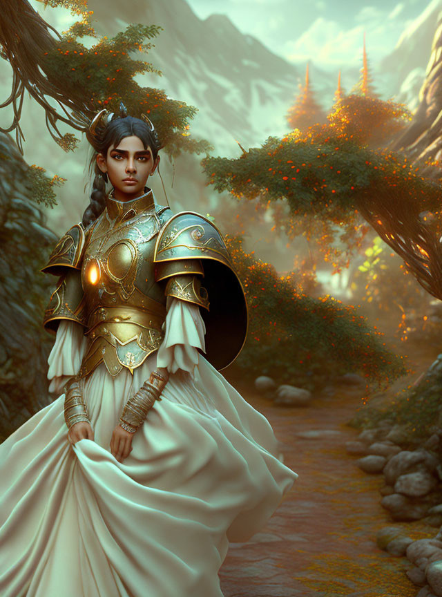 Fantasy warrior woman in elaborate armor in mythical forest