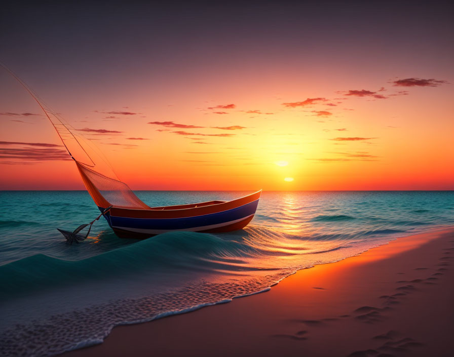 Tranquil Sunset Scene with Boat on Shore