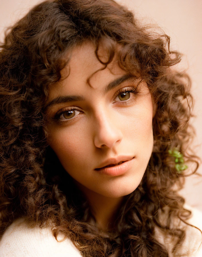 Woman portrait with curly hair, soft gaze, and green earring