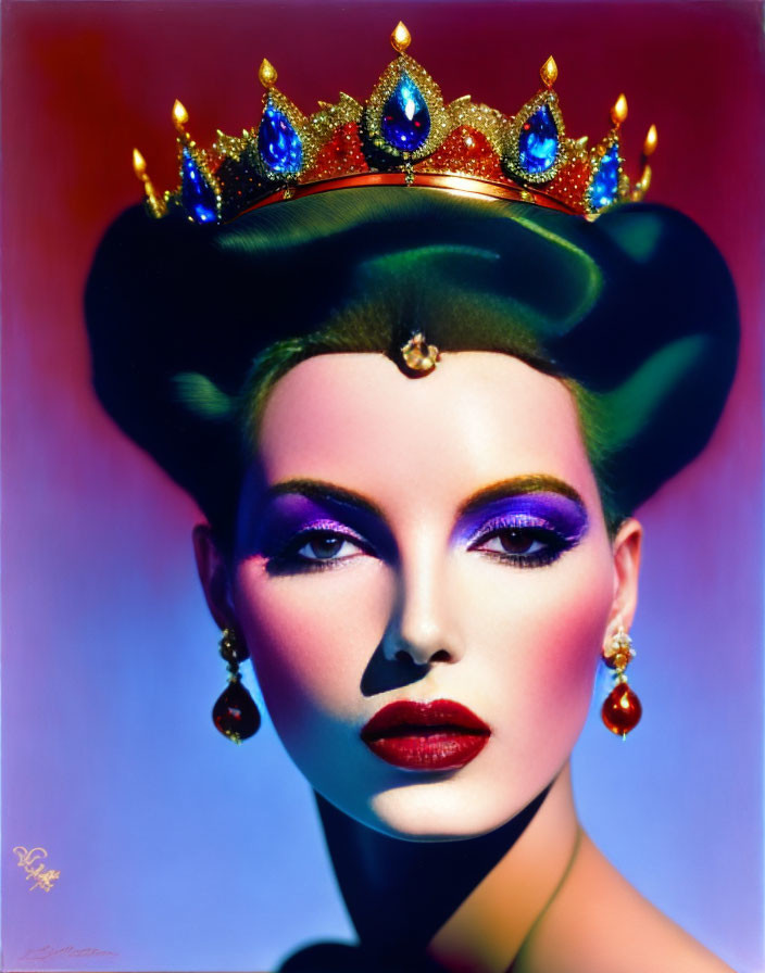 Vibrant makeup portrait with jeweled crown and colorful backdrop