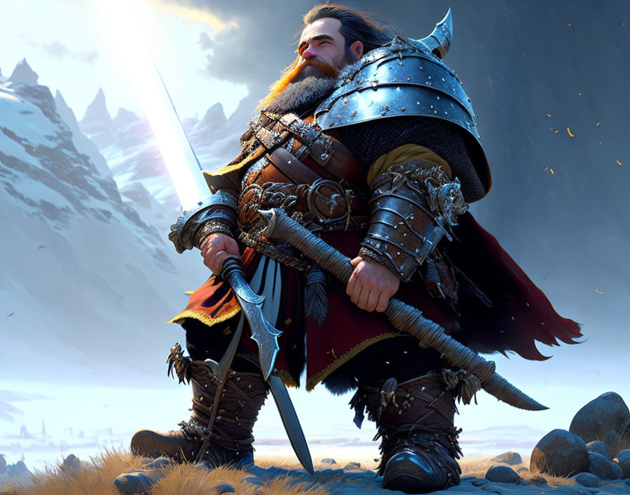 Fantasy warrior in armor with glowing sword against twilight mountains