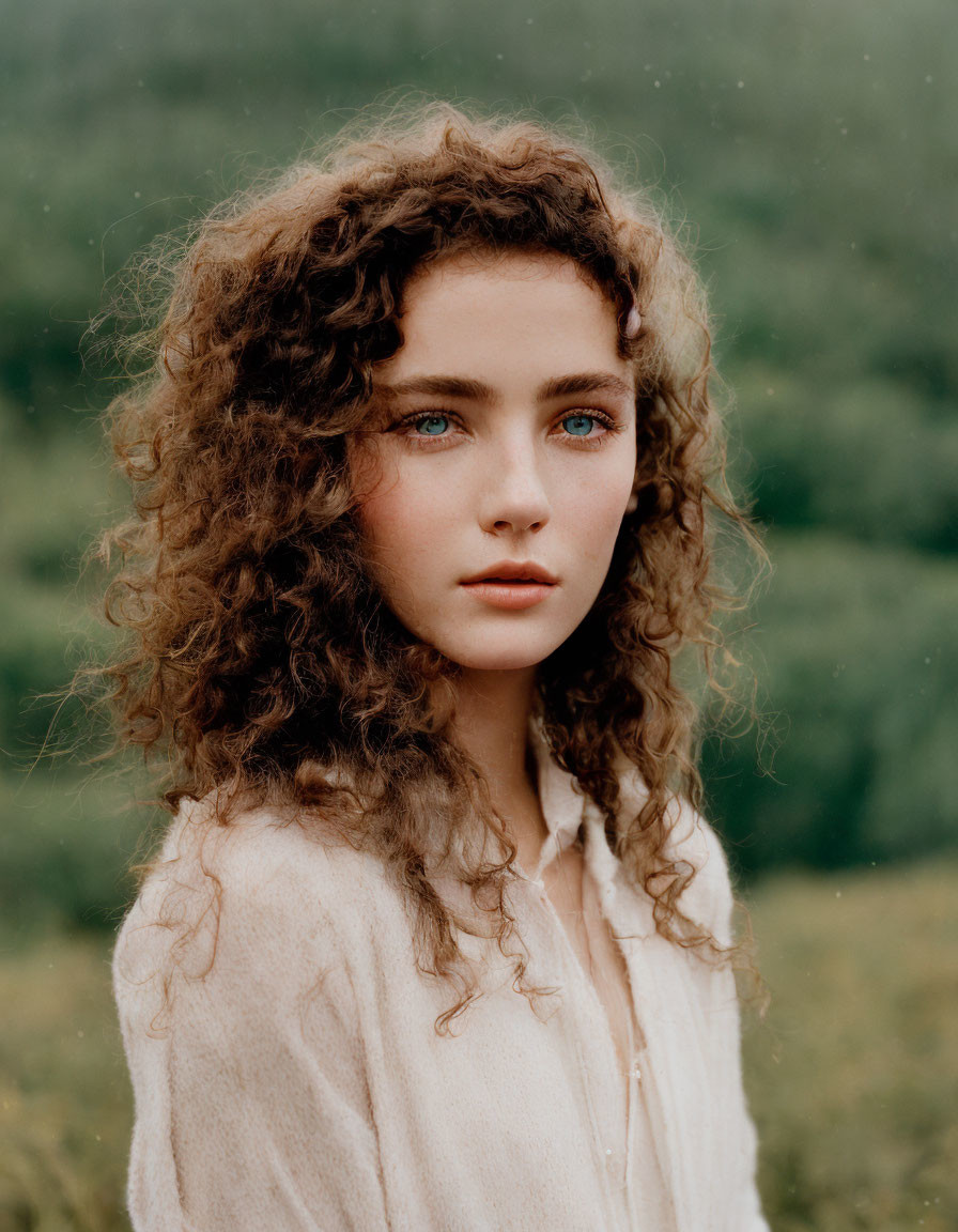 Young woman with curly hair and blue eyes in beige blouse outdoors with green field.