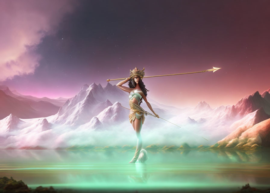 Fantasy warrior woman in ornate armor with spear on reflective surface