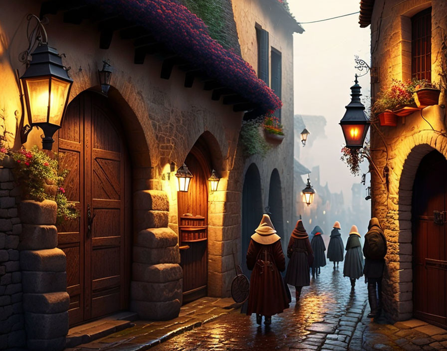 Group of people in cloaks walking through lantern-lit cobblestone alley with colorful flower pots.