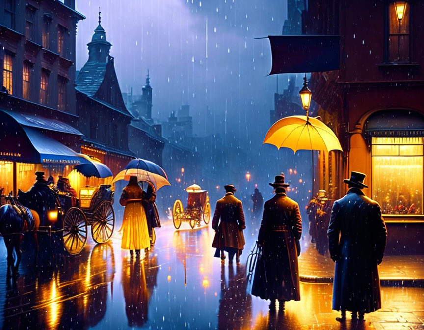 Victorian-era rainy night street scene with people and umbrellas under warm streetlights.