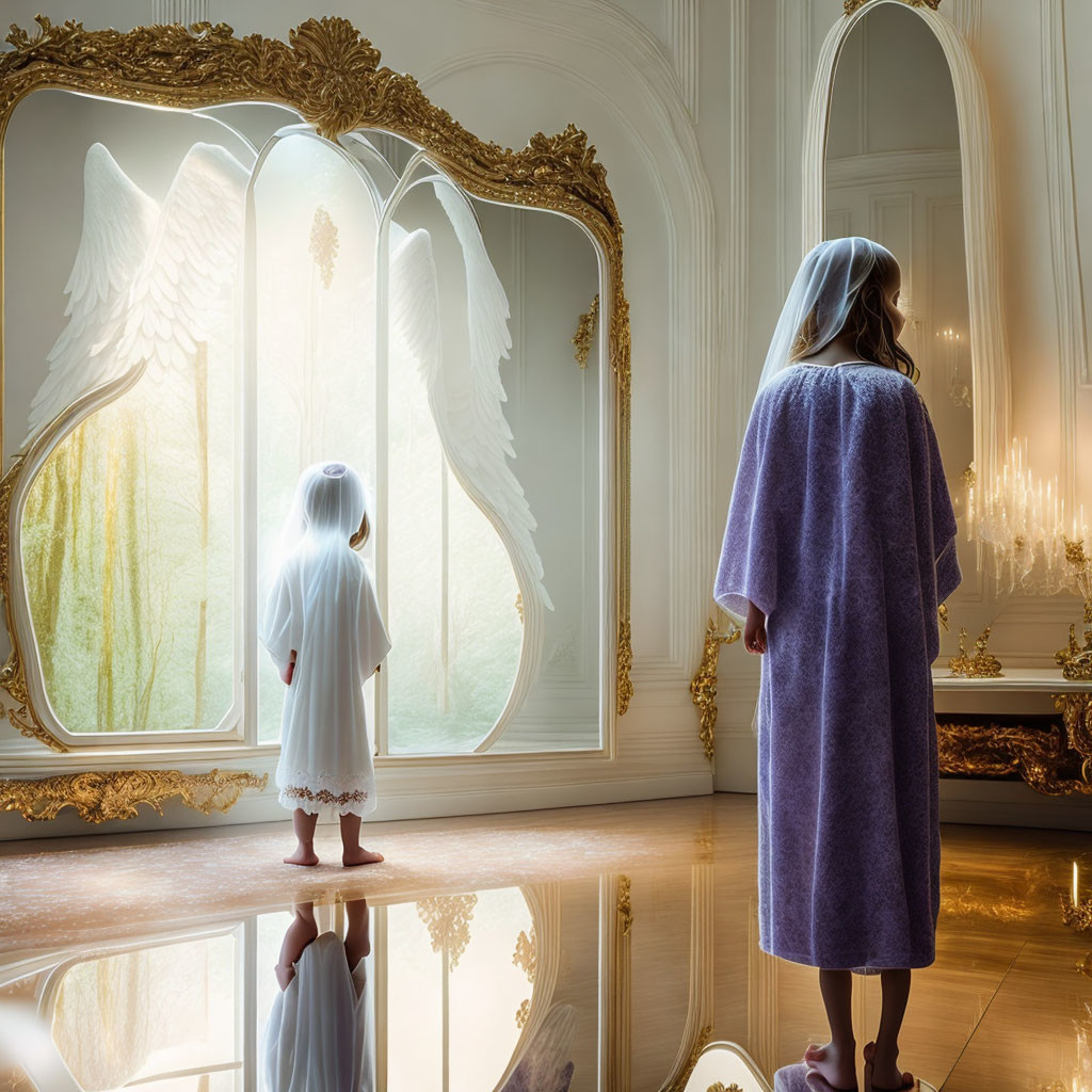 Two individuals in robes in luxurious room with angel wings, serene atmosphere