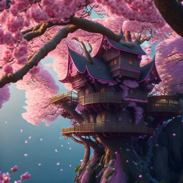 Fantasy-style house in large blossom-covered tree at twilight