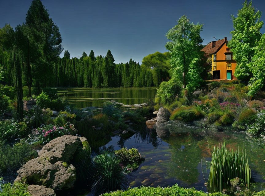 Tranquil lake with clear reflections and lush greenery, vibrant yellow house under deep blue sky