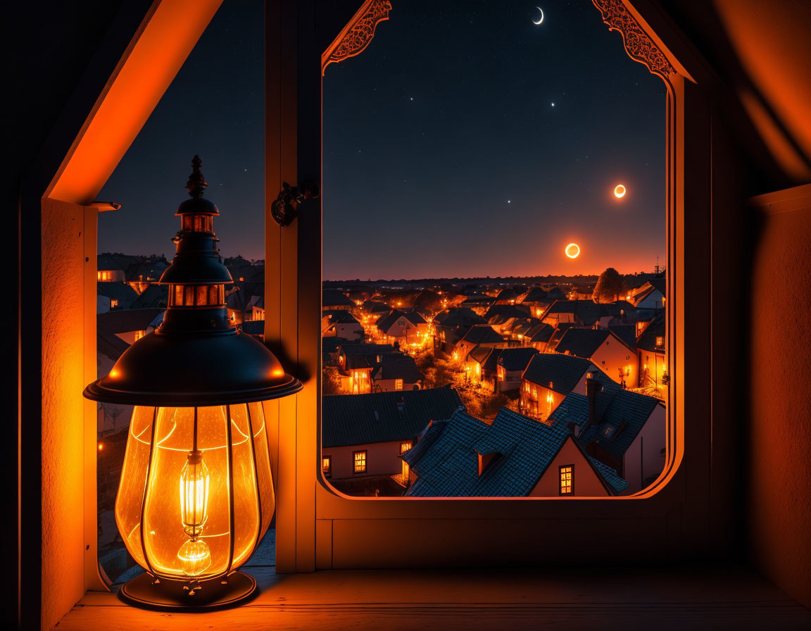 Night scene with lantern and village under starry sky