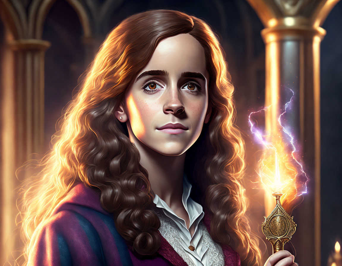 Young wizard digital art: wavy-haired figure with blue sparks wand in ornate pillar backdrop